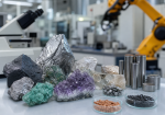Amostras de minerais estratégicos sobre uma bancada de laboratório, com equipamentos industriais desfocados ao fundo