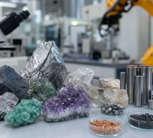 Amostras de minerais estratégicos sobre uma bancada de laboratório, com equipamentos industriais desfocados ao fundo