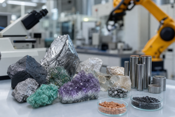 Amostras de minerais estratégicos sobre uma bancada de laboratório, com equipamentos industriais desfocados ao fundo