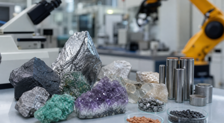 Amostras de minerais estratégicos sobre uma bancada de laboratório, com equipamentos industriais desfocados ao fundo