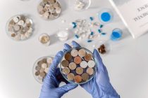 Cientista usando luvas examina amostras de solo em placas de Petri sobre uma bancada branca.