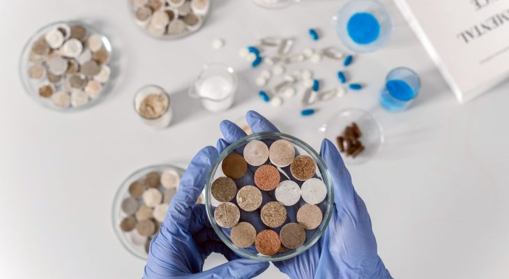 Cientista usando luvas examina amostras de solo em placas de Petri sobre uma bancada branca.